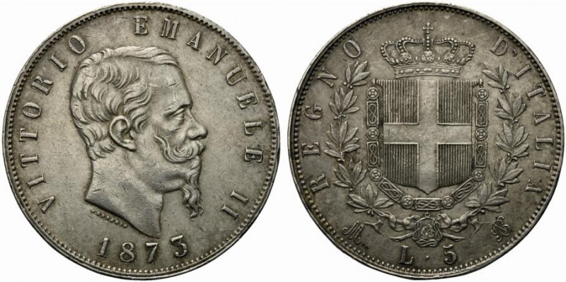 Vittorio Emanuele II Re d'Italia (1861-1878). 5 lire 1873 Ag (25 g - 37 mm). Gig...