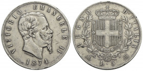 Vittorio Emanuele II Re d'Italia (1861-1878) . 5 Lire. 1874 M . AG Pag. 498; Mont. 182. BB+