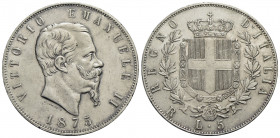 Vittorio Emanuele II Re d'Italia (1861-1878) . 5 Lire. 1875 R . AG Pag. 500; Mont. 186. SPL-FDC
