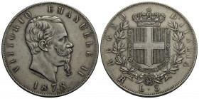 Vittorio Emanuele II Re d'Italia (1861-1878) . 5 Lire. 1878 R . AG Pag. 503; Mont. 191. SPL-FDC