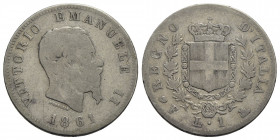 Vittorio Emanuele II Re d'Italia (1861-1878) . Lira. 1861 F Stemma . AG R Pag. 510; Mont. 200. B/MB