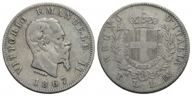 Vittorio Emanuele II Re d'Italia (1861-1878) . Lira. 1867 T Stemma . AG RR Pag. 519; Mont. 205. qBB/BB+