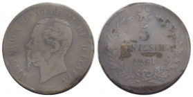 Vittorio Emanuele II Re d'Italia (1861-1878) . 5 Centesimi. 1861 B . CU RR Pag. 551; Mont. 247 Periziata. MB