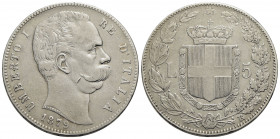 Umberto I (1878-1900) . 5 Lire. 1879 . AG Pag. 590; Mont. 33 Segno. BB