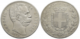 Umberto I (1878-1900) . 5 Lire. 1879 . AG Pag. 590; Mont. 33 Segno. BB