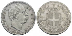 Umberto I (1878-1900) . 2 Lire. 1899 . AG Pag. 600; Mont. 45 Periziata Tevere Spl+. SPL-FDC