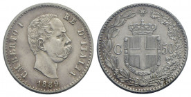 Umberto I (1878-1900) . 50 Centesimi. 1889 . AG R Pag. 608; Mont. 55 Sigillata Erpini. SPL-FDC