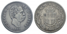 Umberto I (1878-1900) . 50 Centesimi. 1892 . AG RR Pag. 609; Mont. 56 Sigillata Erpini BB++. BB+