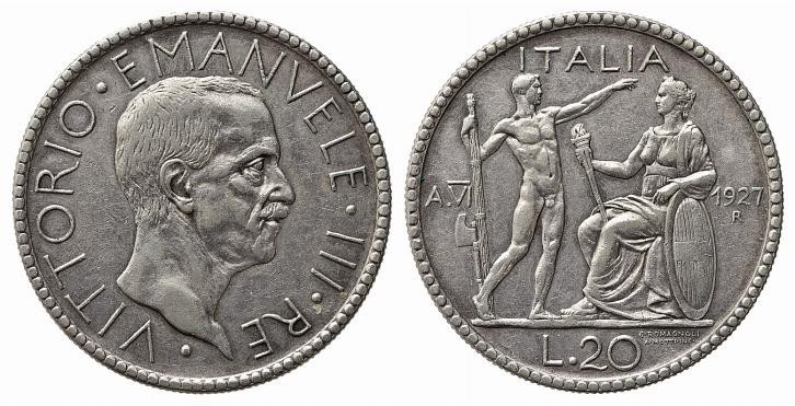 Vittorio Emanuele III (1900-1943). Roma. 20 lire Littore 1927 anno VI Ag (15 g -...