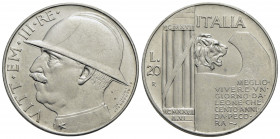 Vittorio Emanuele III (1900-1943) . 20 Lire. 1928 Elmetto . AG NC Pag. 680; Mont. 76 Segno sull'elmetto. SPL/SPL+