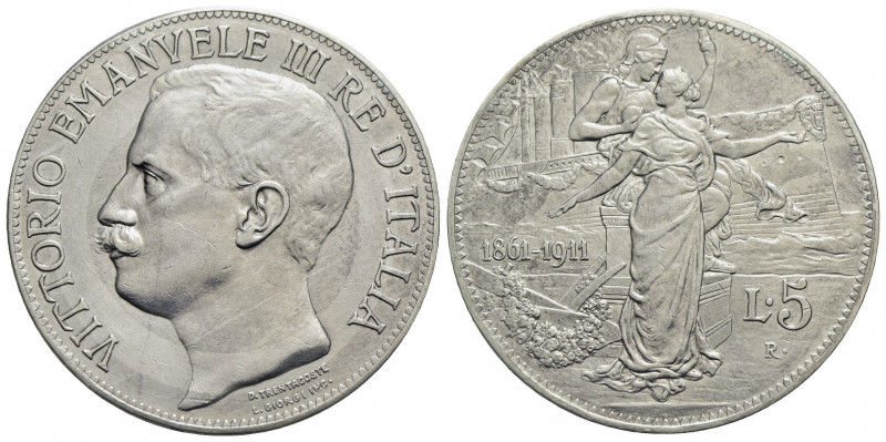 Vittorio Emanuele III (1900-1943) . 5 Lire. 1911 Cinquantenario . AG R Pag. 707;...