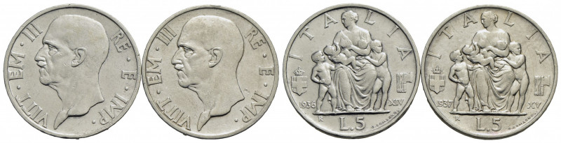 Vittorio Emanuele III (1900-1943) . 5 Lire. 1936 e 1937 Fecondità . AG R Pag. 71...