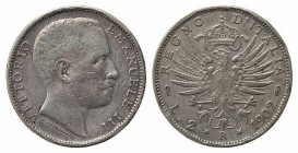 Vittorio Emanuele III (1900-1943). 2 lire 1902. Ag (10 g). Gig. 90 Rara. BB
