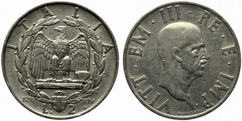 Vittorio Emanuele III (1900-1943). 2 lire 1936 Ni (9.91 g - 29 mm). Gig. 118 rar...