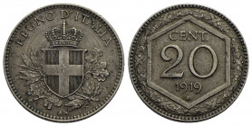 Vittorio Emanuele III (1900-1943) . 20 Centesimi Esagono. 1919 . NI RR Pag. 851a; Mont. 301 Bordo rigato. qSPL