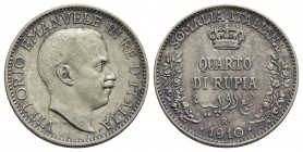Somalia . Quarto di Rupia. 1910 . AG R Pag. 971; Mont. 455. BB+
