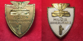 VENTENNIO FASCISTA (1922-1943). Milizia Universitaria. Distintivo da braccio (55x67 mm), molto raro.