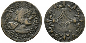 Tessera Mercantile (sec.XIII-XV). Testa di Moro a destra. R/ Croce con giglio centrale. AE (20.4 mm, 2.47g) . BB