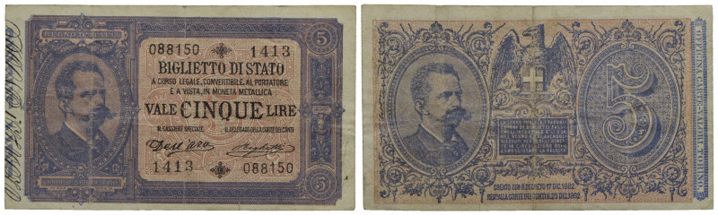 BIGLIETTI DI STATO . Umberto I (1878-1900) . 5 Lire. 04/09/1901 - Serie 1403-145...