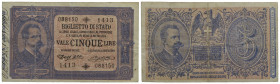 BIGLIETTI DI STATO . Umberto I (1878-1900) . 5 Lire. 04/09/1901 - Serie 1403-1452 . RRR Alfa 48; Lireuro 11A Pieghe pressate. BB