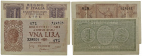 BIGLIETTI DI STATO . Vittorio Emanuele III (1900-1943) . Lira. 14/11/1939 . Alfa 15; Lireuro 4A Grassi/Porena/Cossu assieme a 23/11/1944 serie 471 (SP...