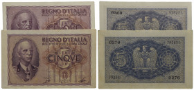 BIGLIETTI DI STATO . Vittorio Emanuele III (1900-1943) . 5 Lire. 1940 - XVIII . Alfa 60; Lireuro 13A Grassi/Porena/Cossu assieme a 1944 - XXII - Lotto...