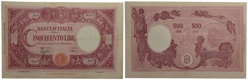 BANCA d'ITALIA . Repubblica Sociale (1943-1945) . 500 Lire - Barbetti (testina)....