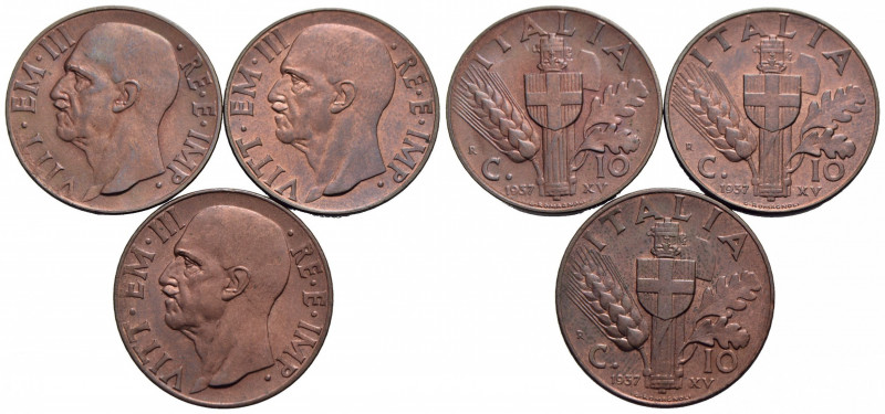 Savoia . Vittorio Emanuele III (1900-1943) . . 10 c. 1937 . Lotto di 3 monete in...