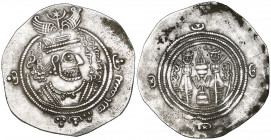 Arab-Sasanian, ‘Abdallah b. al-Zubayr, drachm, DA+GH (Jahrum) 60YE = 72h, rev., star to left and crescent to right of altar, 4.10g (Malek 473-4), mino...