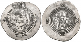 Arab-Sasanian, ‘Abdallah b. al-Zubayr, drachm, DA+GH (Jahrum) 60YE = 72h, rev., crescent to left and star to right of altar, 3.95g (Malek 475-6), clea...