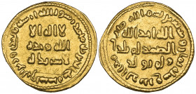 Umayyad, dinar, 78h, 4.29g (ICV 156; Walker 187), with Arabic graffiti reading li-‘abd below reverse field, minor flan fault on reverse, otherwise goo...