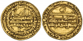 Abbasid, al-Mu‘tamid (256-279h), dinar, San‘a 277h, rev., citing Ahmad b. al-Muwaffaq billah, 2.90g (Bernardi 181El), some deposit and marks on revers...