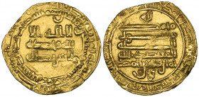 Tulunid, Khumarawayh b. Ahmad (270-282h), dinar, Halab 279h, rev., citing the caliph al-Mu‘tadid, 3.60g (Bernardi 213Gb; Grabar 57), small edge clip a...