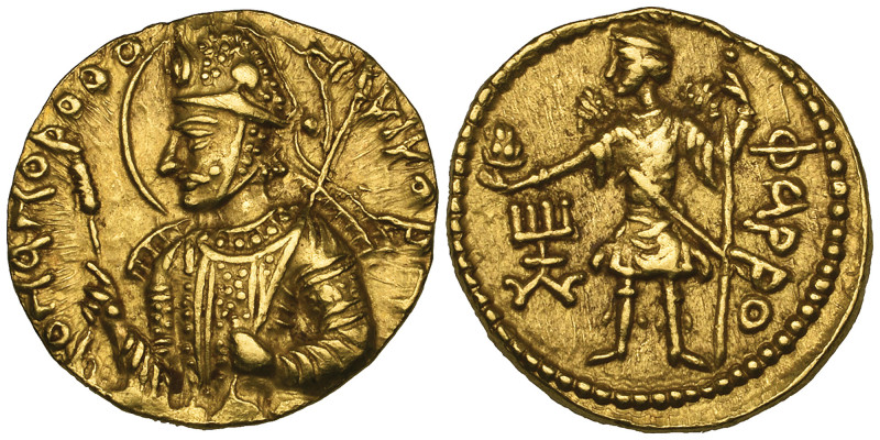 *India, Kushans, Huvishka (c. 151-190), gold dinar, helmeted bust of king left h...
