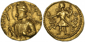 *India, Kushans, Huvishka (c. 151-190), gold dinar, helmeted bust of king left holding club and sceptre, rev., Pharro standing left holding bowl of fl...
