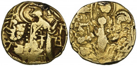 *India, Kashmir, gold dinar, 4-5th century AD, imitating late Kushan types, king standing left, rev., Ardoksho, 7.50g (cf. Mitchiner ACW 3695 ff), ex ...