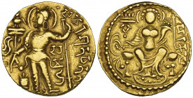 *India, Gupta Dynasty, Samudragupta (c. 344-378), gold dinar, King standing left holding javelin, rev., Ardoksho seated with inscription Parakramah (a...