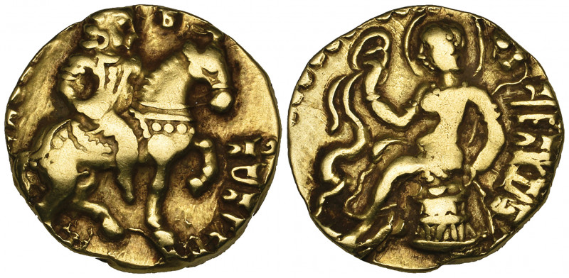 *India, Gupta Dynasty, Chandragupta II (c. 380-413), gold dinar, king on horseba...
