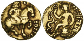 *India, Gupta Dynasty, Chandragupta II (c. 380-413), gold dinar, king on horseback right, rev., Lakshmi seated left on wicker stool, 8.20g (cf. Kumar ...