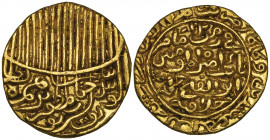*India, Sultans of Jaunpur, Shams al-Din Ibrahim Shah (804-844h), gold tanka, tughra type, dated 823h, 11.48g (GG J1), about extremely fine, rare 

...