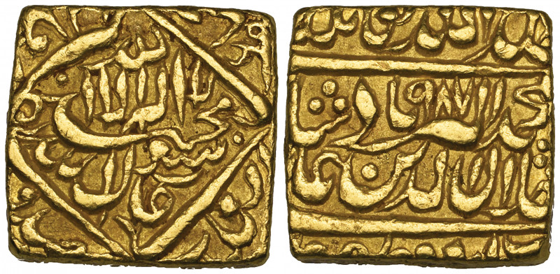 *India, Mughal, Akbar (963-1014h / 1556-1605 AD), square heavy mohur, Urdu Zafar...