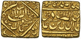*India, Mughal, Akbar (963-1014h / 1556-1605 AD), square heavy mohur, Urdu Zafar Qarin 987h, 12.02g (cf KM 112.4), probably an old imitation, good ver...