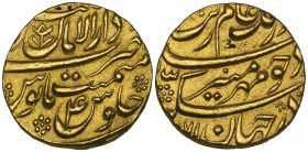 *India, Mughal, Aurangzeb (1068-1118h / 1658-1707 AD), mohur, Multan 1071h, regnal year 4, 11.00g (KM 315.35), obverse flan fault, almost extremely fi...