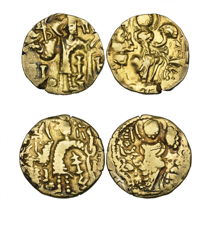 India, Kashmir, gold dinars (2), 4-5th century AD, imitating late Kushan types, ...
