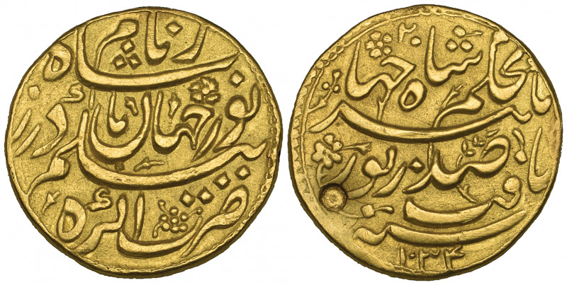 *India, Mughal, Jahangir (1014-1037h) and Nur Jahan, gold mohur, Agra 1034h / re...