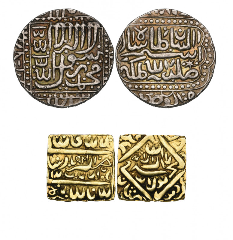 India, Mughal, a square gold amulet copying Akbar’s gold coinage of Lahore, with...