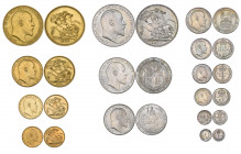 *Edward VII, Coronation, 1902, matt proof set of 13 coins, similar, comprising gold five-pounds, two-pounds, sovereign and half-sovereign, silver crow...