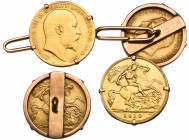 Coin Cufflinks: Half-sovereigns (4), 1910 (2), 1912, 1914, mounted as a pair of cufflinks (4)

Estimate: GBP 580 - 620