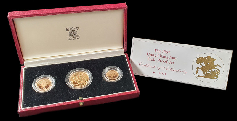 Elizabeth II, proof set of 3 gold coins, 1987, comprising two-pounds, sovereign ...