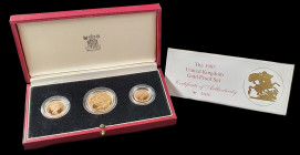 Elizabeth II, proof set of 3 gold coins, 1987, comprising two-pounds, sovereign and half-sovereign, mint state, in capsules and Royal Mint fitted case...